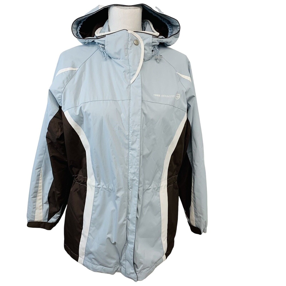 Free Country Radiance Jacket Small Blue Hood Zip Pockets Lined Cinch Waist Ski